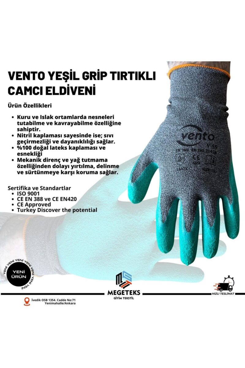 Vento V55 Gri-Yeşil Tırtıklı Kaydırma Önleyici Camcı Eldiveni